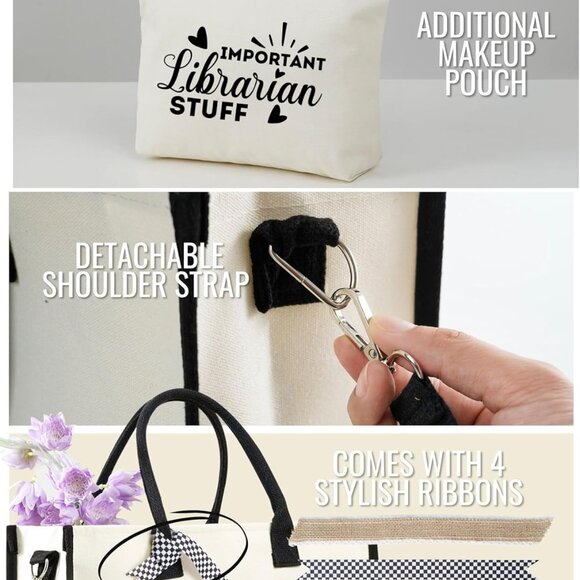 Women Canvas Tote Bag Gift Set with Zipper Pouch Ribbons Multi-Purpose - Picture 5 of 8